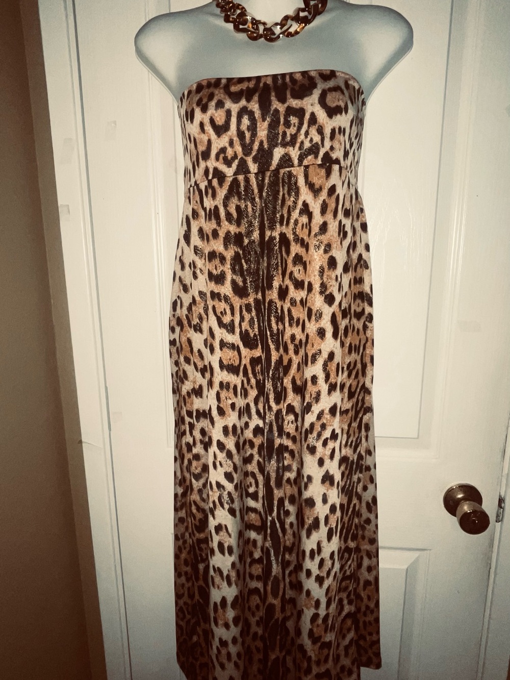 Strapless Leopard-Print Maxi Dress in Brown